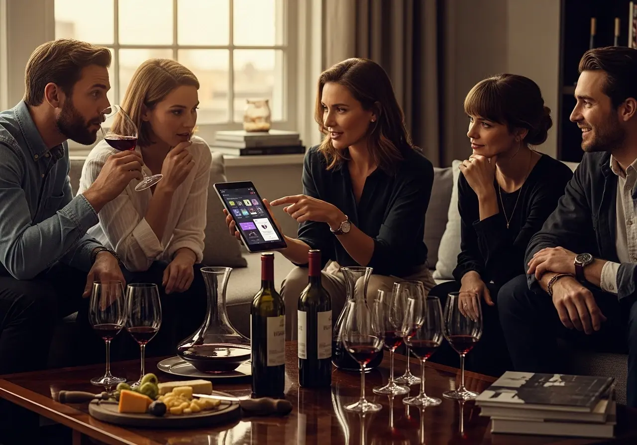 Ihmiset istuvat pöydän ympärillä viinilasiensa kanssa, nauttien seurasta ja keskustelusta